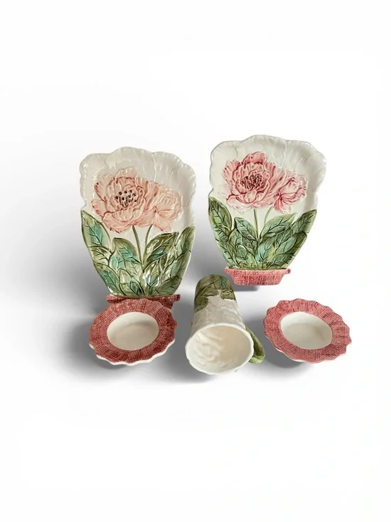 Lenwile Ardalt Majolica Pink Peony Floral Ceramic Mug and Saucer Set - Picture 5 of 7
